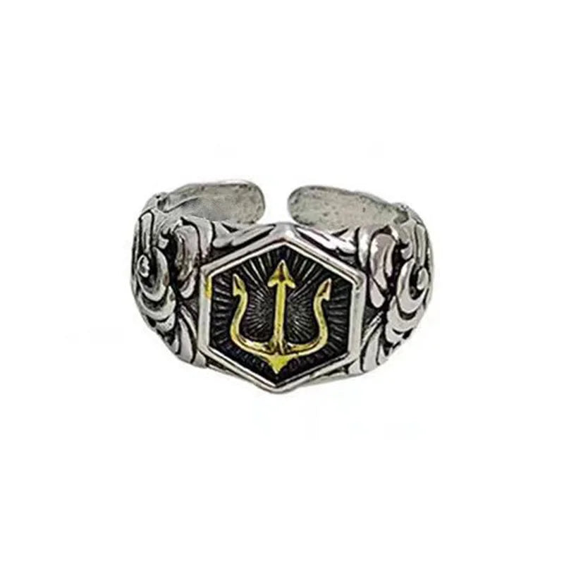 Poseidon Trident Adjustable Open Ring — Gold-Tone