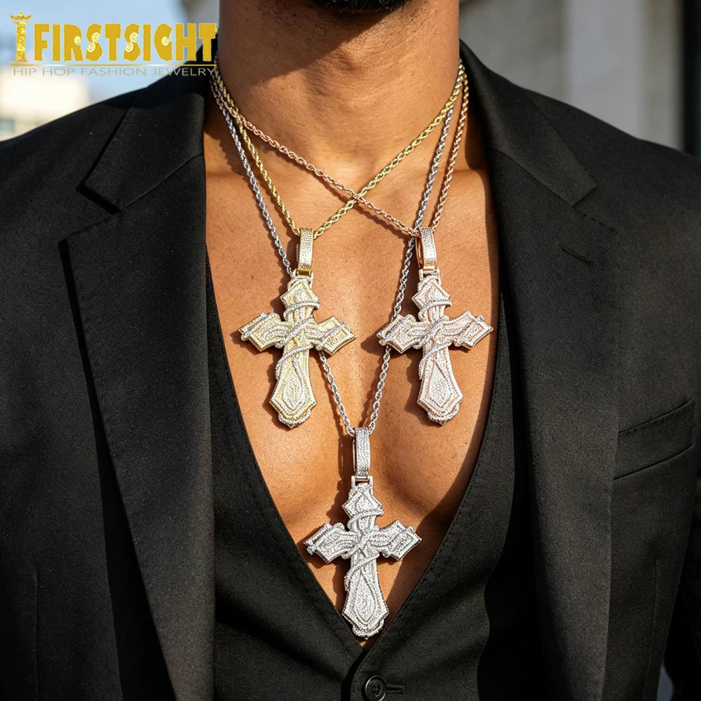 2026 New Iced Out Barbed Wire Wrapped Cross Pendant Necklace Silver Color Cubic Zirconia CZ Charm For Men Hip Hop