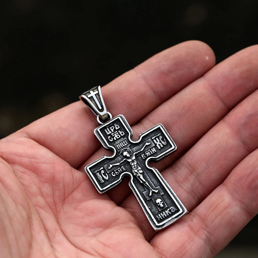Vintage Stainless Steel Jesus Cross Pendant Necklace Men Biker Amulet Cross Orthodox Chain Necklace Jewelry Gift