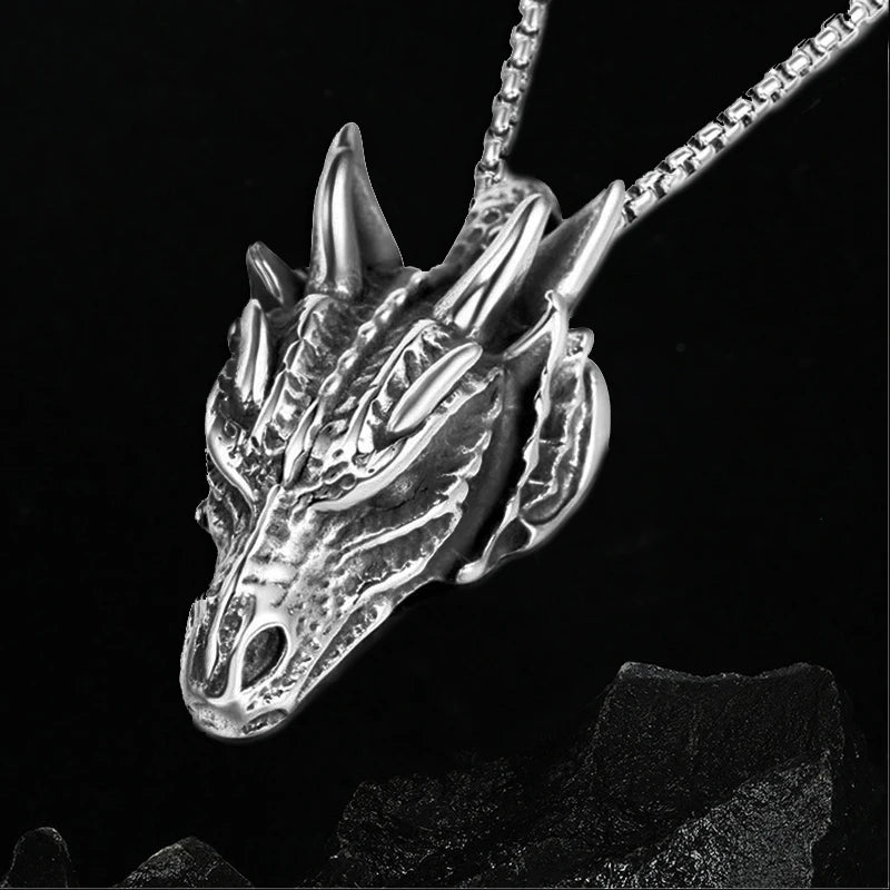 Silver Dragon Head Pendant Necklace Stainless Steel