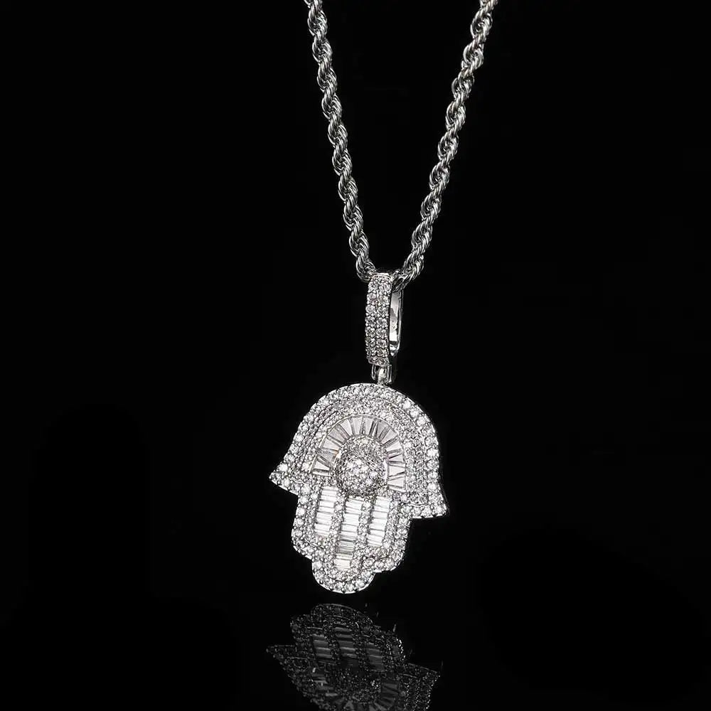 Iced Baguette Hamsa Pendant Necklace — Copper