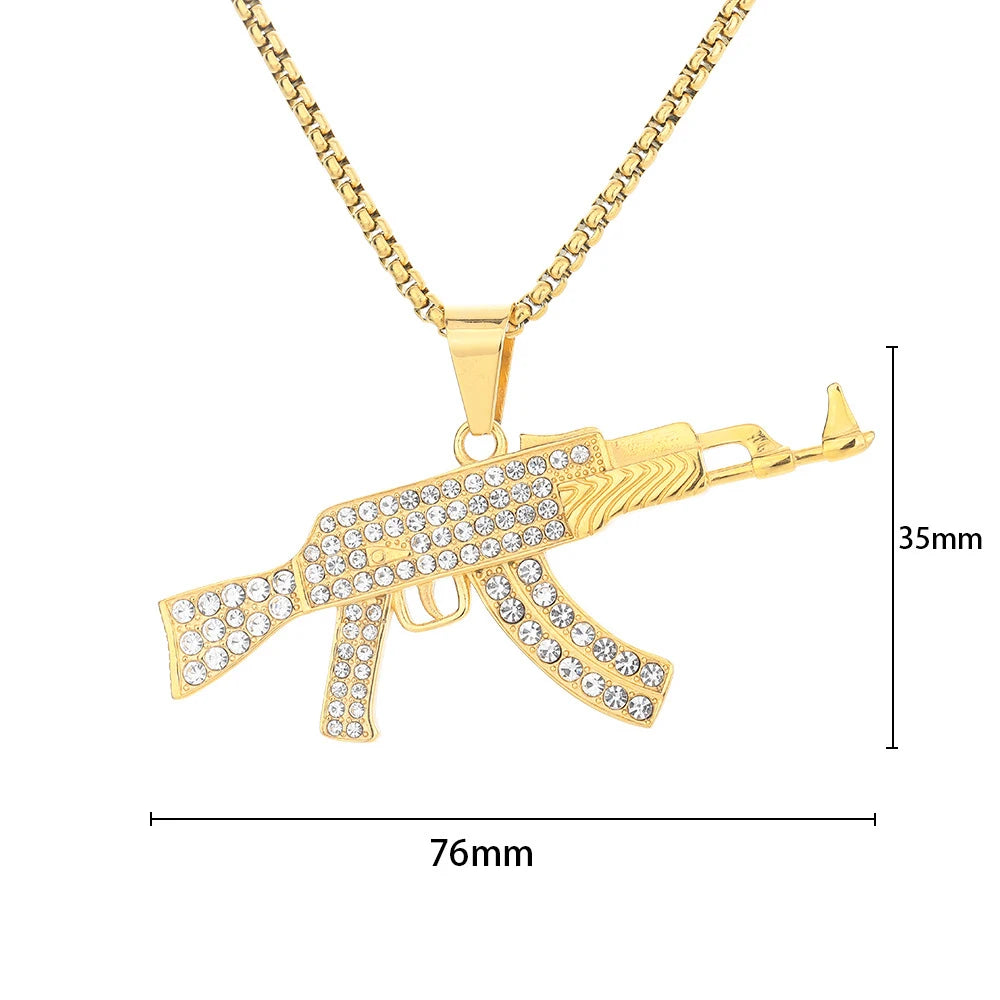 Punk Assault Rifle AK47 Gun Iced Out Shiny CZ Pendant Gold Color Stainless Steel Rapper Necklace Man Hippie Military Jewelry