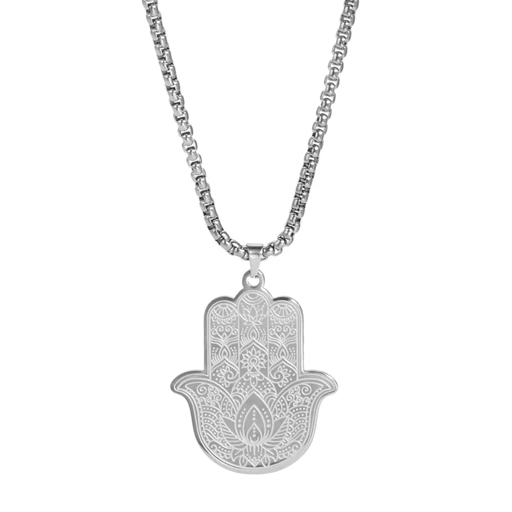 EUEAVAN Hamsa Hand Lotus Flower Pendant Necklace Stainless Steel Box Chain Fatima Yoga Hindu Necklaces Vintage Amulet Jewelry