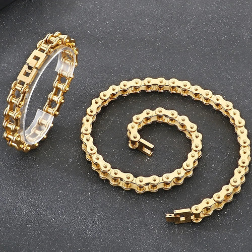 Bike Chain Necklace Bracelet Set for Man Punk Rock Stainless Steel Motorcycle Bracelets Choker Men Vacuum Plated