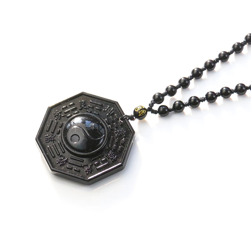 Obsidian Stone Taoism Necklace Black Pendant Chinese Tai Ji Ba Gua Octagon Long Sweater Chain Amulet Mascot Men Taoist
