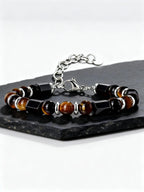 Hip Hop Men's Bracelet,Stainless Steel Adjustable Tiger Eye Stone Metal Beaded Bracelet,Party Birthday Gift for Him