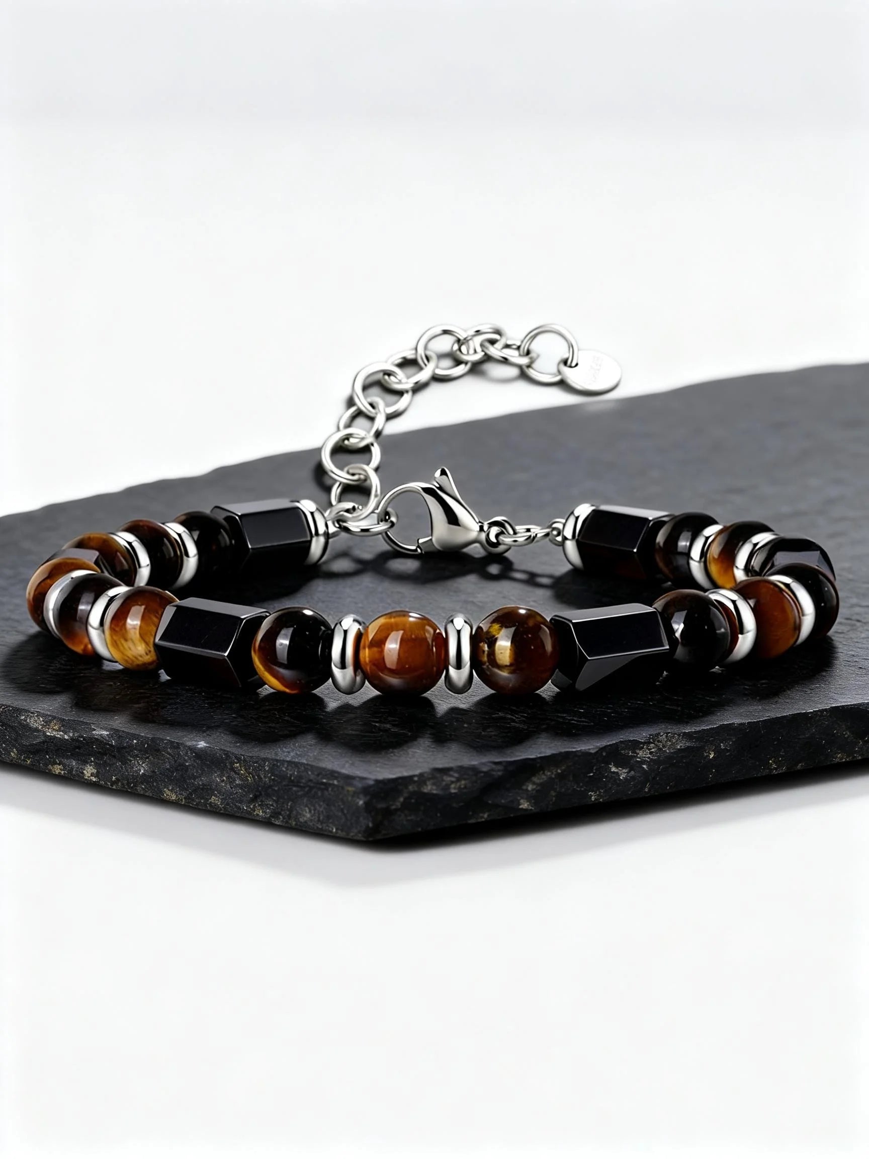 Hip Hop Men's Bracelet,Stainless Steel Adjustable Tiger Eye Stone Metal Beaded Bracelet,Party Birthday Gift for Him