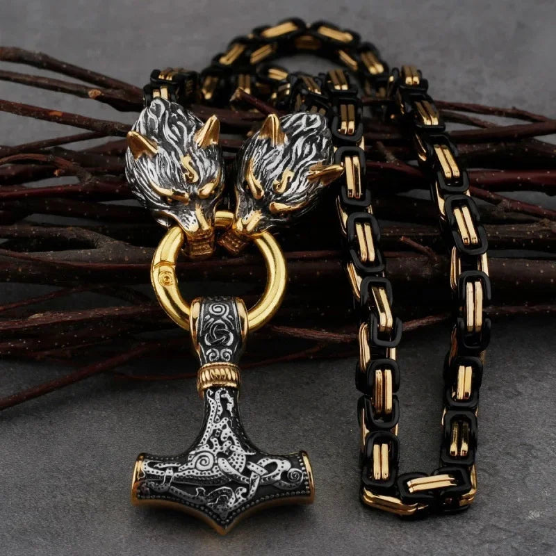 Fashionable And Exquisite New Retro Nordic Viking Hammer Pendant Wolf Head Necklace For Personalized Men'S Amulet