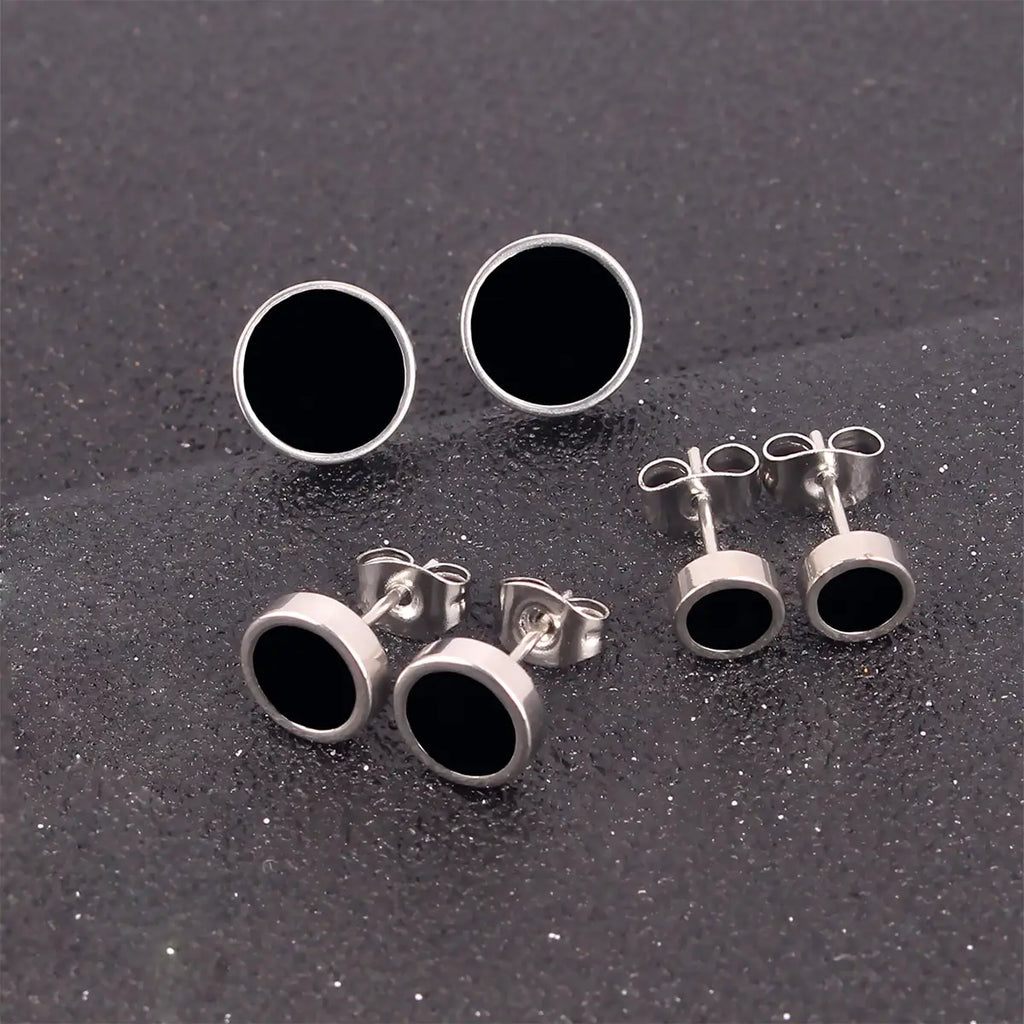 Round Stud Earrings 3 Pairs Set 6mm 8mm 10mm — Stainless Steel