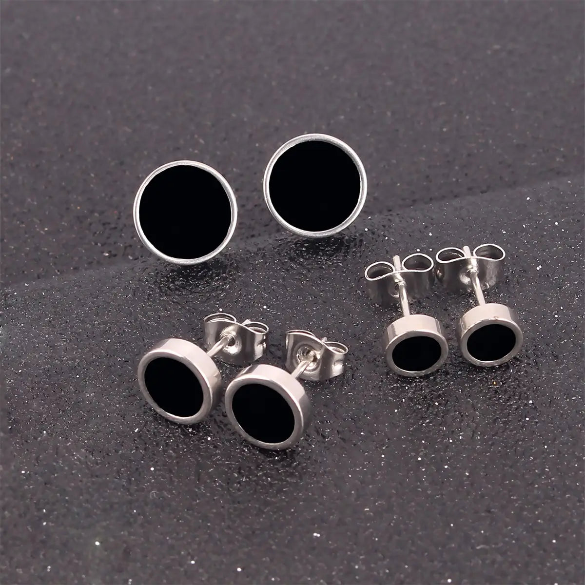 Round Stud Earrings 3 Pairs Set 6mm 8mm 10mm — Stainless Steel