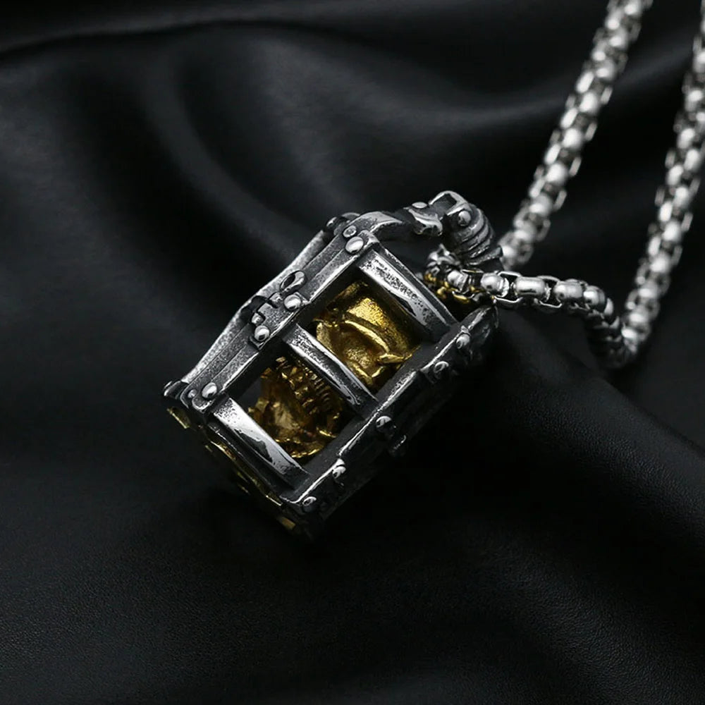 Gothic Cage Skull Pendant Necklace — Gold-Tone, Stainless Steel