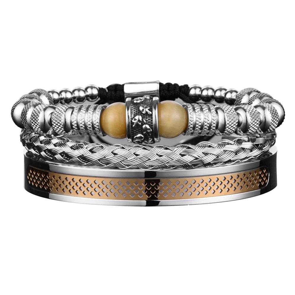 3pcs Set Men Bracelet Stainless Steel Rope Bangles Men Skull Bracelets with Tigereye Natural Stone Gift Accessories