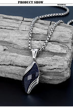 Stylish Blue Sandstone Necklace for Men,Stainless Steel Black Agate Angel Eye Pendant Necklace,Trendy Gifts to Him Boys
