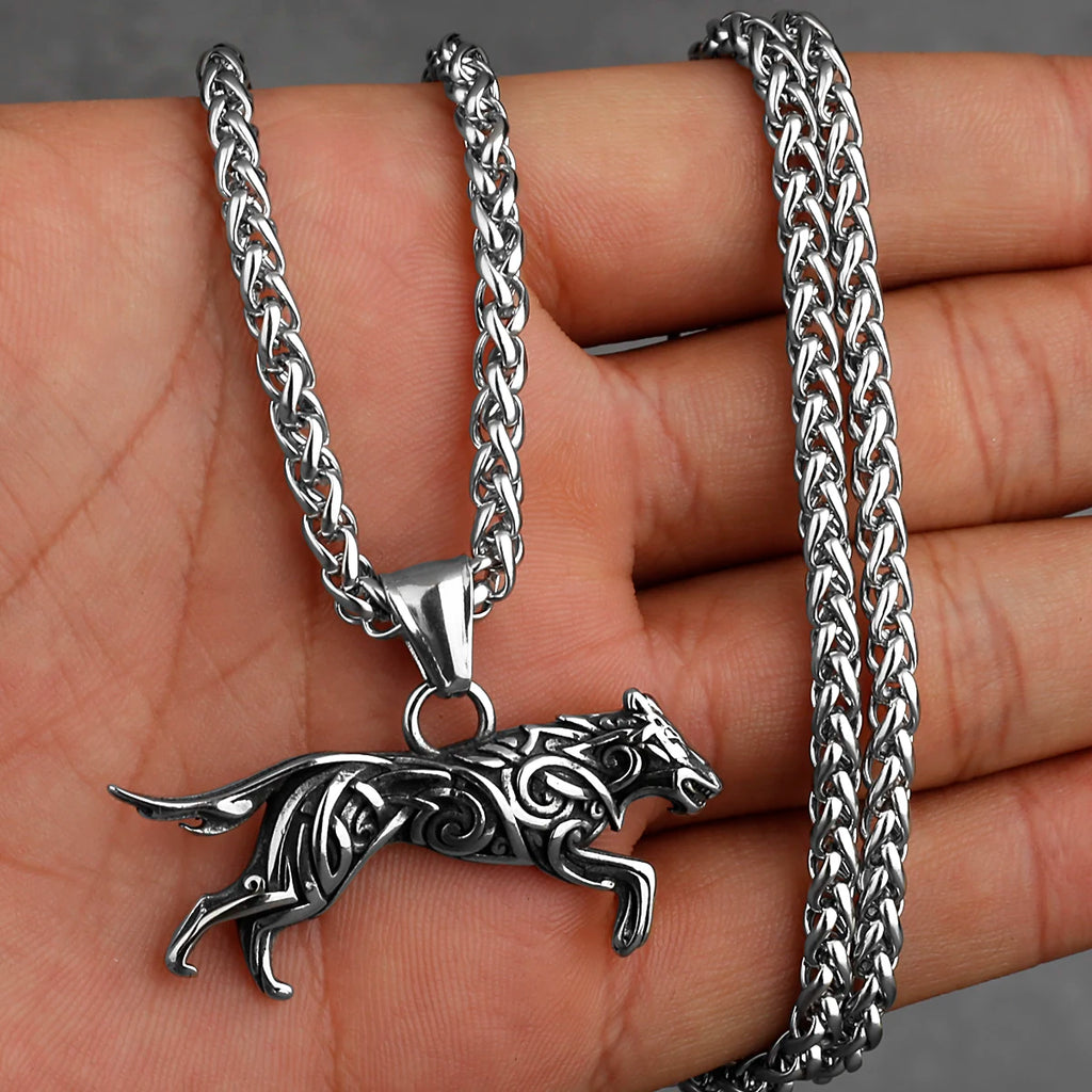 Viking Geri and Freki Knot Wolf Stainless Steel Pendant Men's Fashion Hip Hop Pendant Necklace Nordic Jewelry Gift