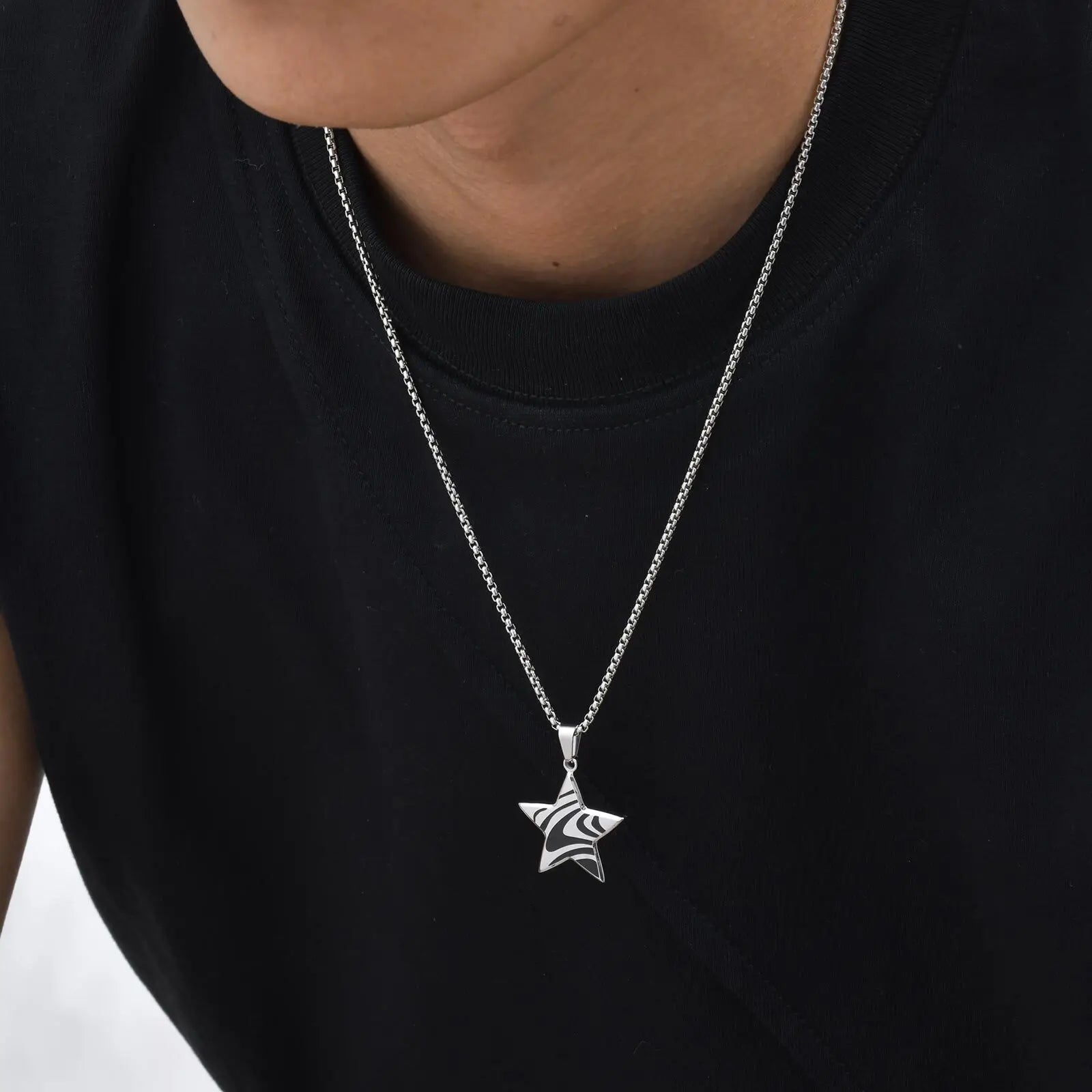 Stylish Black Drip Oil Geometric Necklace for Men,Stainless Steel Triangle Pentagram Square Pendant,New Jewelry Gift