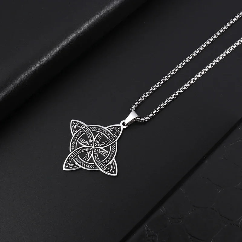 Silver Color Stainless Steel Pattern Witch Knot Pendant Necklace Celtic Knot Lucky Jewelry Christmas Gift for Friends Family