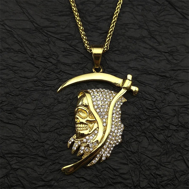 Stainless Steel Rhinestones Saint Death Santa Muerte Grim Reaper Pendant Necklace for Women Men Gold Plated Sickle