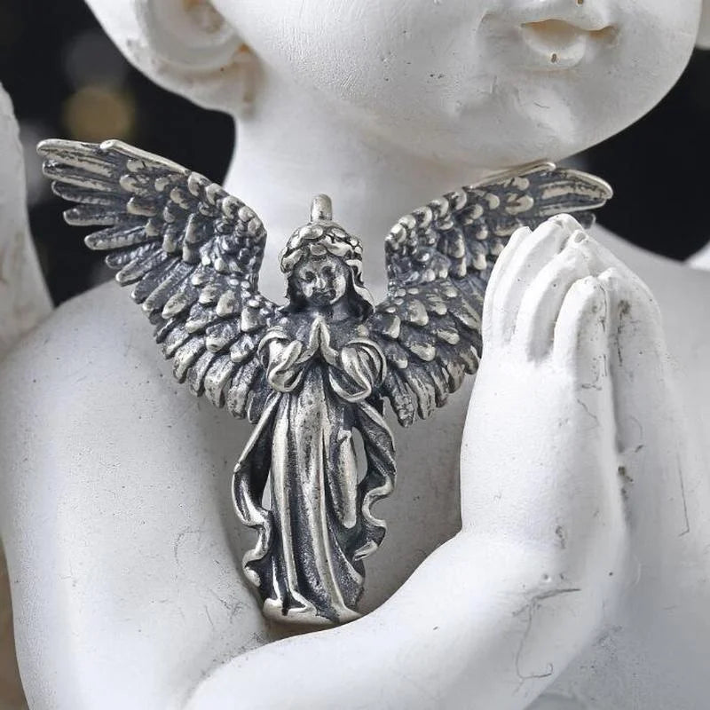 Vintage Distressed Angel Wings Pendant Necklace — Two-Tone