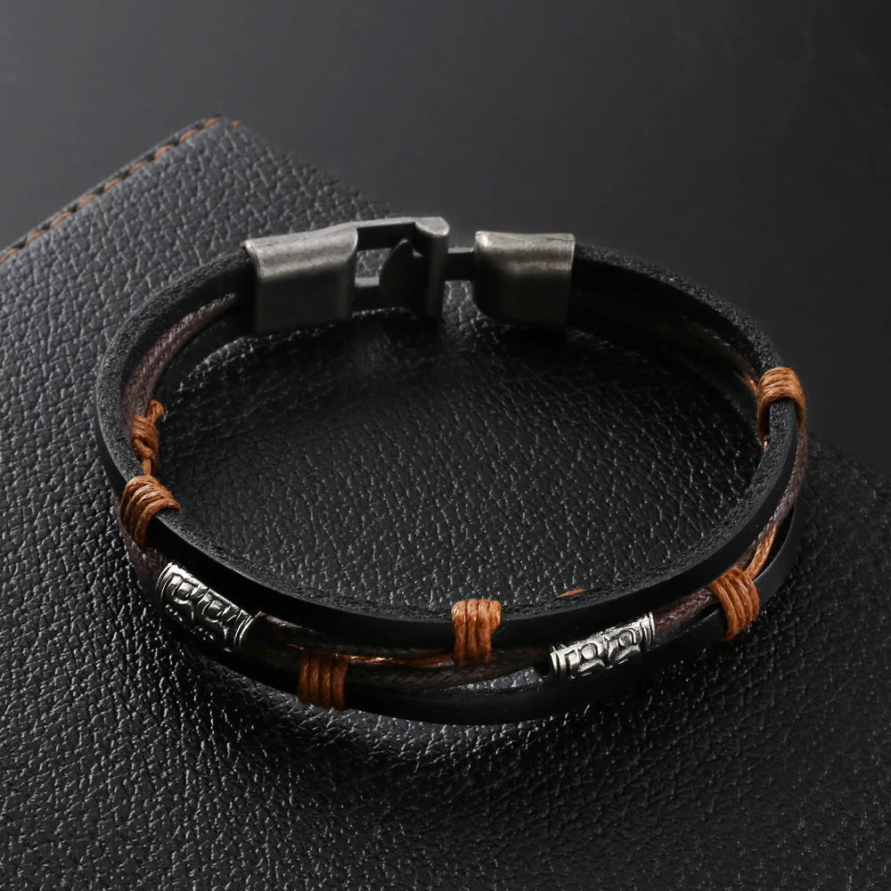Vintage Cowhide Leather Rope Bracelet — Stainless Steel