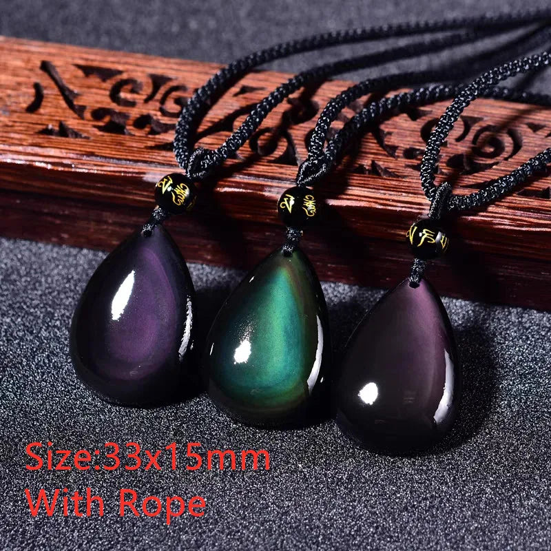 Natural Black Obsidian Rainbow Green Purple Flash Light Pendant Water Drop Necklace Drop Shipping
