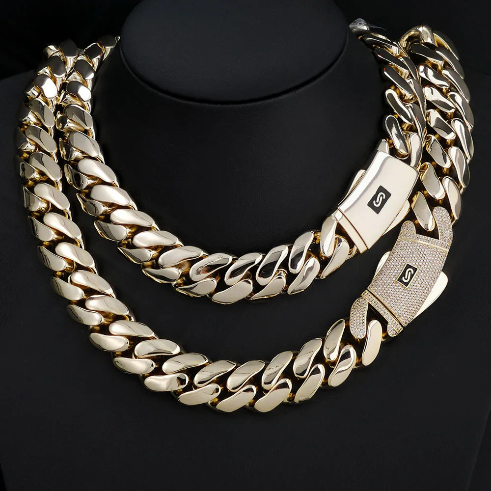 Gold Cuban Chain Necklace 14K Monaco Lock