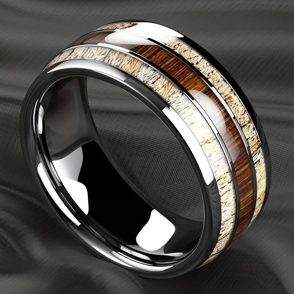 Fashion Silver Color Men's Stainless Steel Rings Koa Wood Deer Antler Inlay Dome Engagement Rings For Men Women Wedding