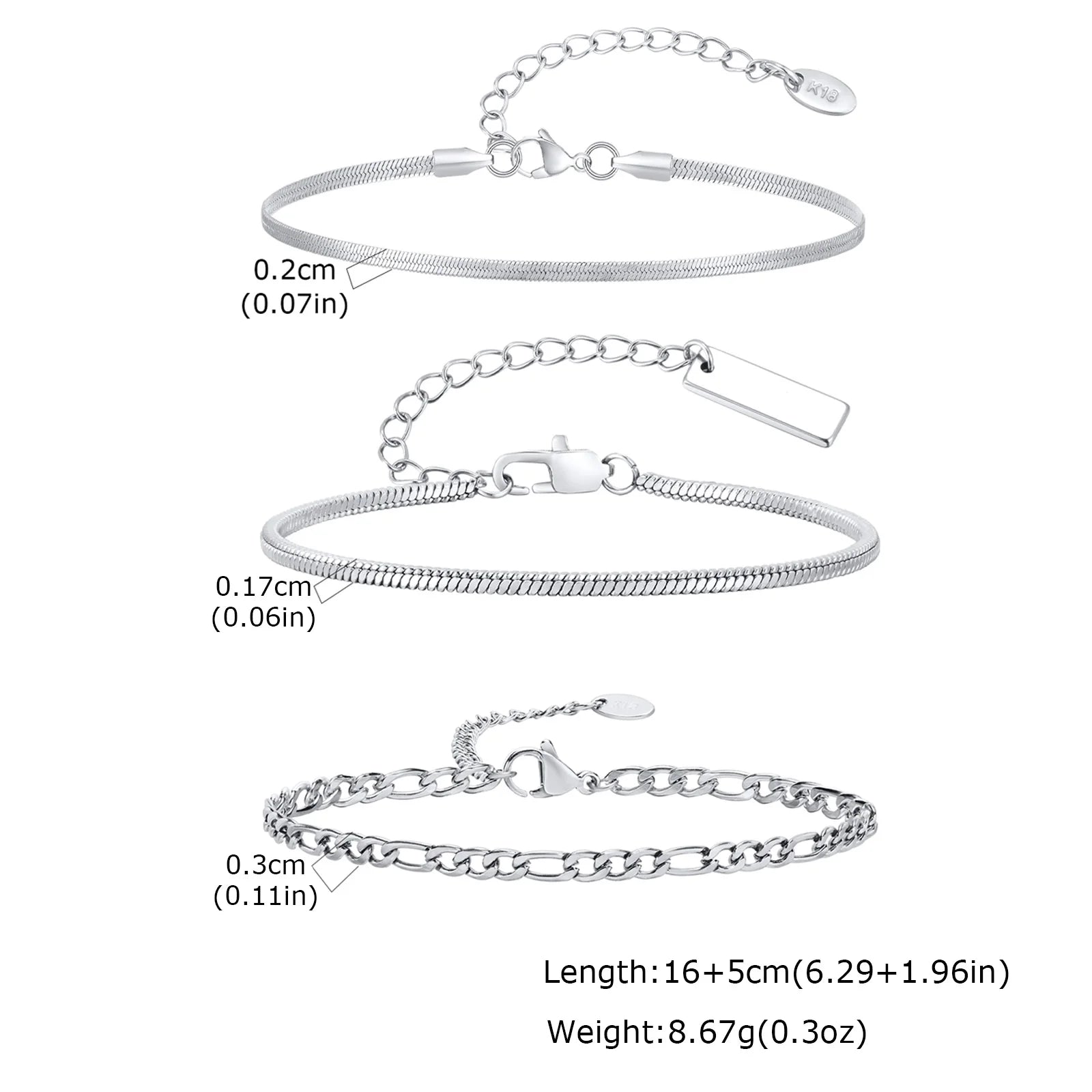 Thin Chain Bracelet Set 3pcs — Silver