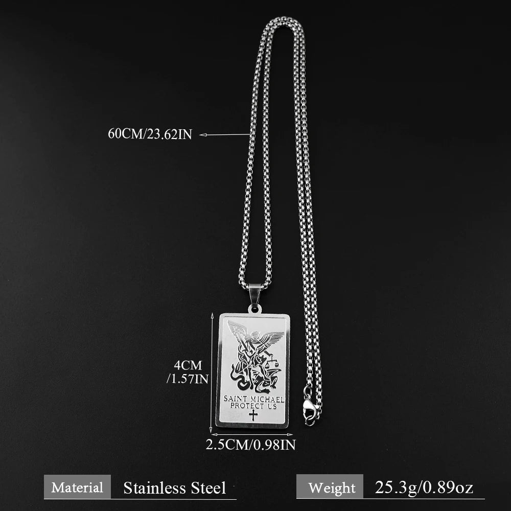 Christian Archangel Saint Michael Protect Us Cross Medal Pendant Necklace Stainless Steel Chain Amulet Jewelry Gift