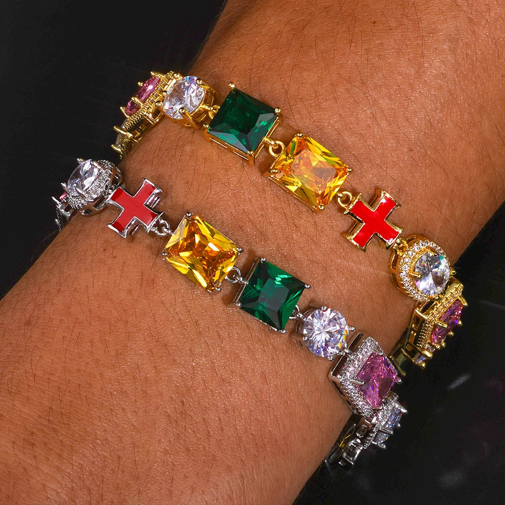 Cross Iced Out Gemstone Bracelet Stainless Steel