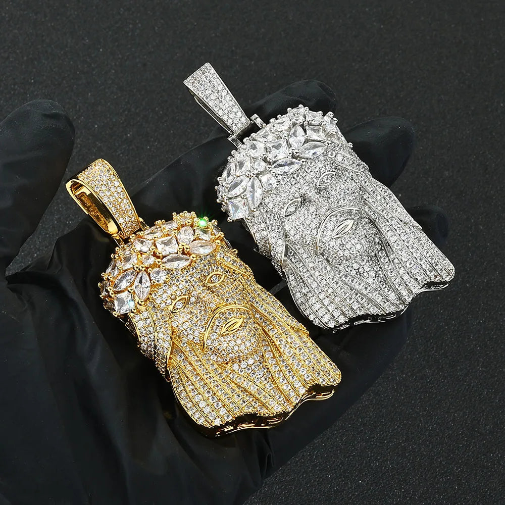 Gold Jesus Face Pendant Necklace Iced Out 18K