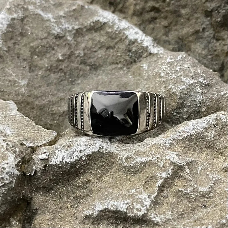 Square Simple Ring Stainless Steel Black Epoxy Vintage Men Ring Geometric Gift Fashion Women Unisex Punk Metal Jewelry