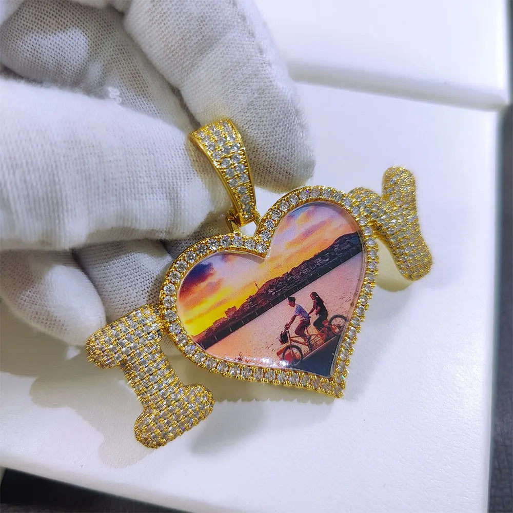 Iced Out Heart Photo Pendant Necklace
