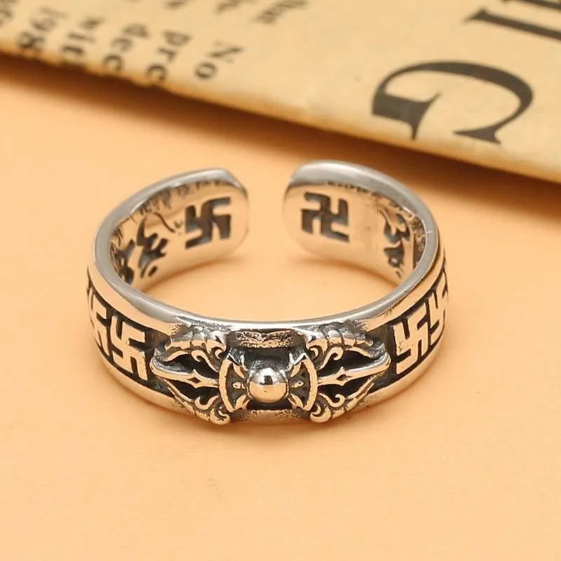 Dark Engraved Symbol Adjustable Open Ring — Stainless Steel