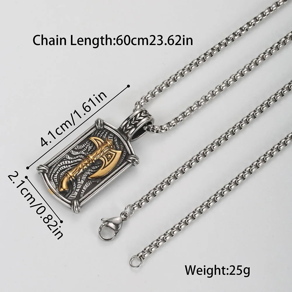 Viking Axe Rectangle Pendant Necklace for Men — Stainless Steel