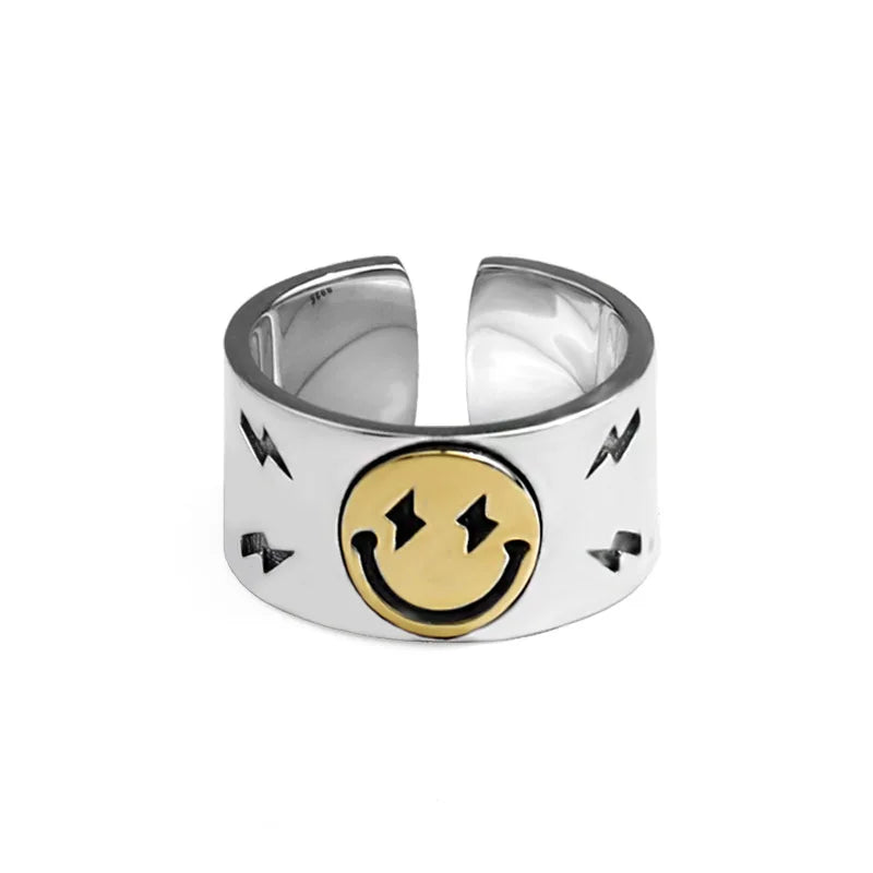 Rings for Men Women Retro Silver Color Jewelry Cute Smile Star Demon Pattern Ring Adjustable Trendy Gifts