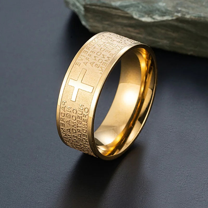 7mm Tone Spanish Golden The Holy Bible Prayer Cross Ring Stainless Steel Rings