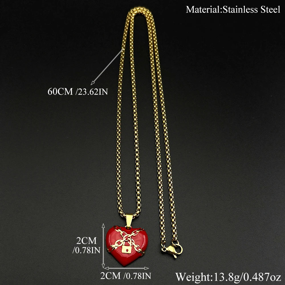 Punk Rock Lock Heart Pendant Necklace For Men Stainless Steel Cool Hip Hop Street Vintage Goth Accessories Trendy Chain Jewelry