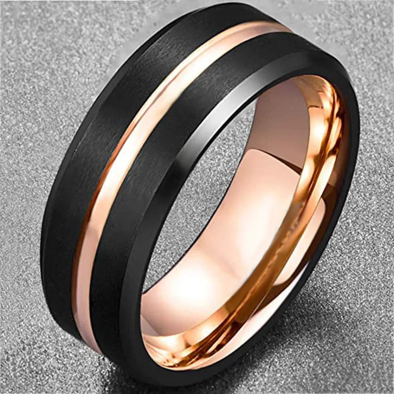 Fashion Men's Stainless Steel Rings 8mm Classical Black Blue Groove Beveled Edge Wedding Engagement Anniversary Jewelry