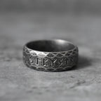 Ancient Rune Black Metal Ring 8mm Wide Stainless Steel Viking Ring with Old Norse Inscriptions Gothic Gift for Him & Her