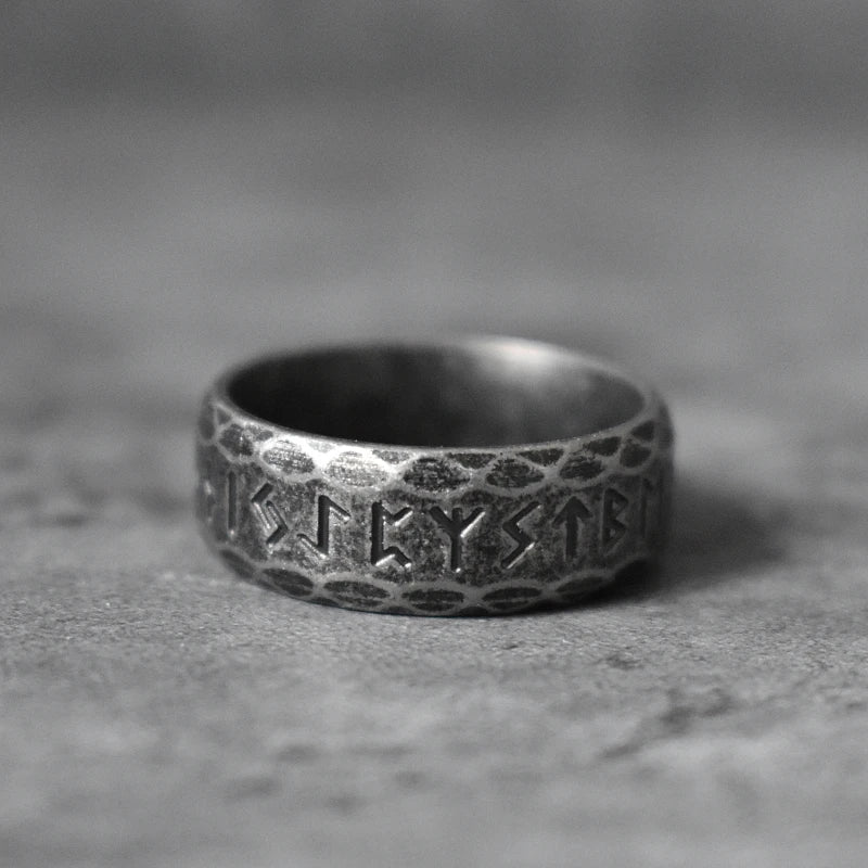 Ancient Rune Black Metal Ring 8mm Wide Stainless Steel Viking Ring with Old Norse Inscriptions Gothic Gift for Him & Her