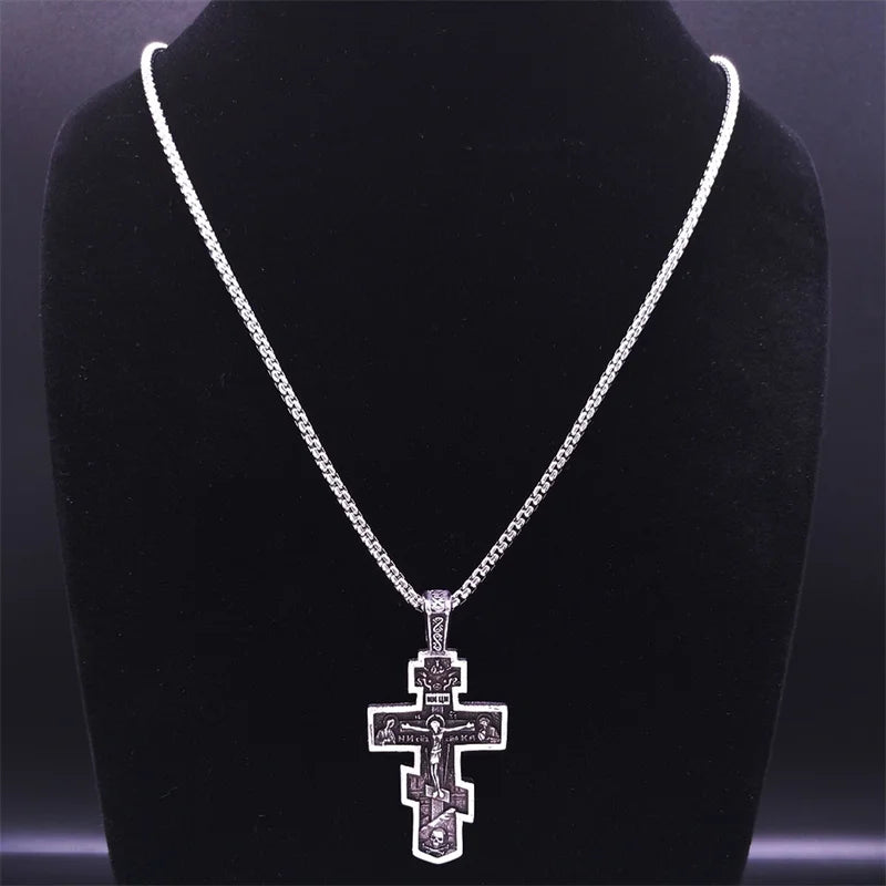 Orthodox Icon Cross Pendant Necklace — Stainless Steel