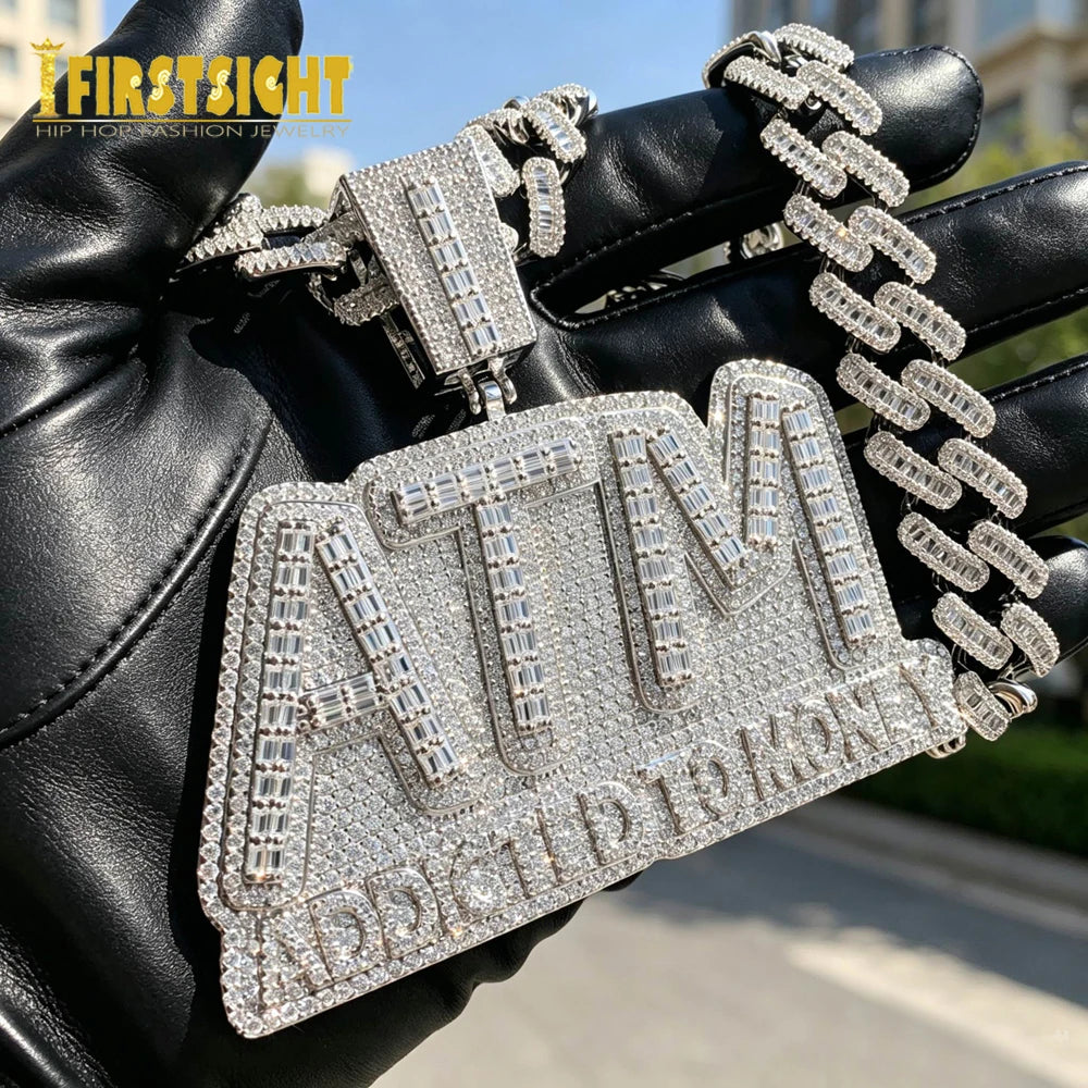 Iced Out Bling Letters ATM Addicted To Money Pendant Necklaces Gold Color AAA Zircon 5mm Tennis Chain Men's Hip Hop