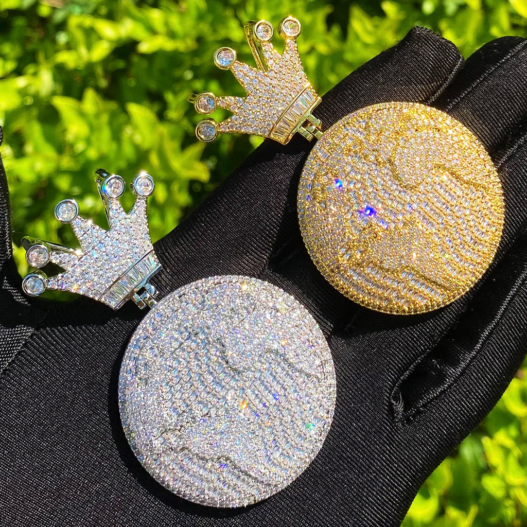 Aokaishen Iced Out Globe World Crown Bail Necklace Pendant for Men Real Gold Plated 5A Grade Hip Hop Jewelry