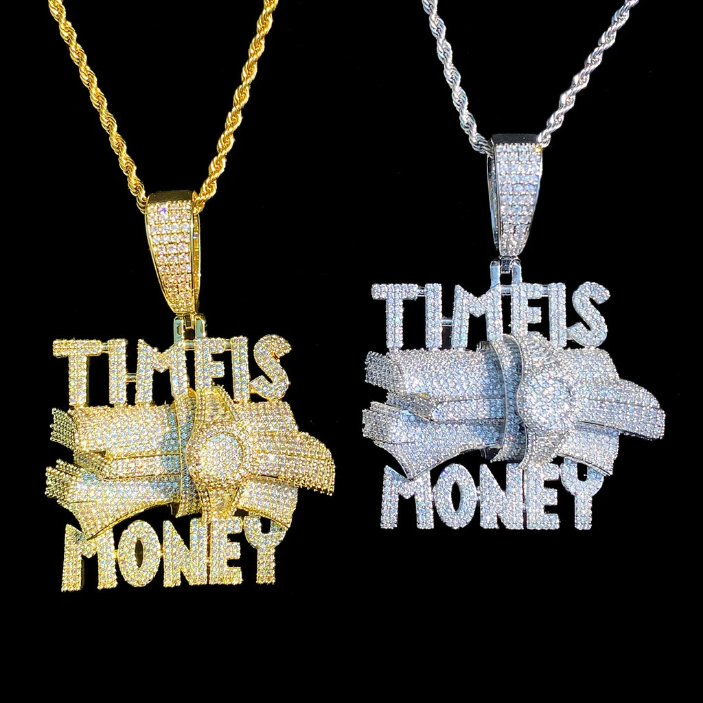 Aokaishen Iced Out Time is Money Necklace Pendant for Men Prong Setting Real Gold Plated Hip Hop Jewelry