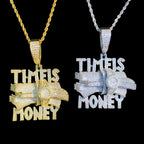 Aokaishen Iced Out Time is Money Necklace Pendant for Men Prong Setting Real Gold Plated Hip Hop Jewelry