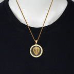 Iced Out Lion Head Round Pendant — Gold
