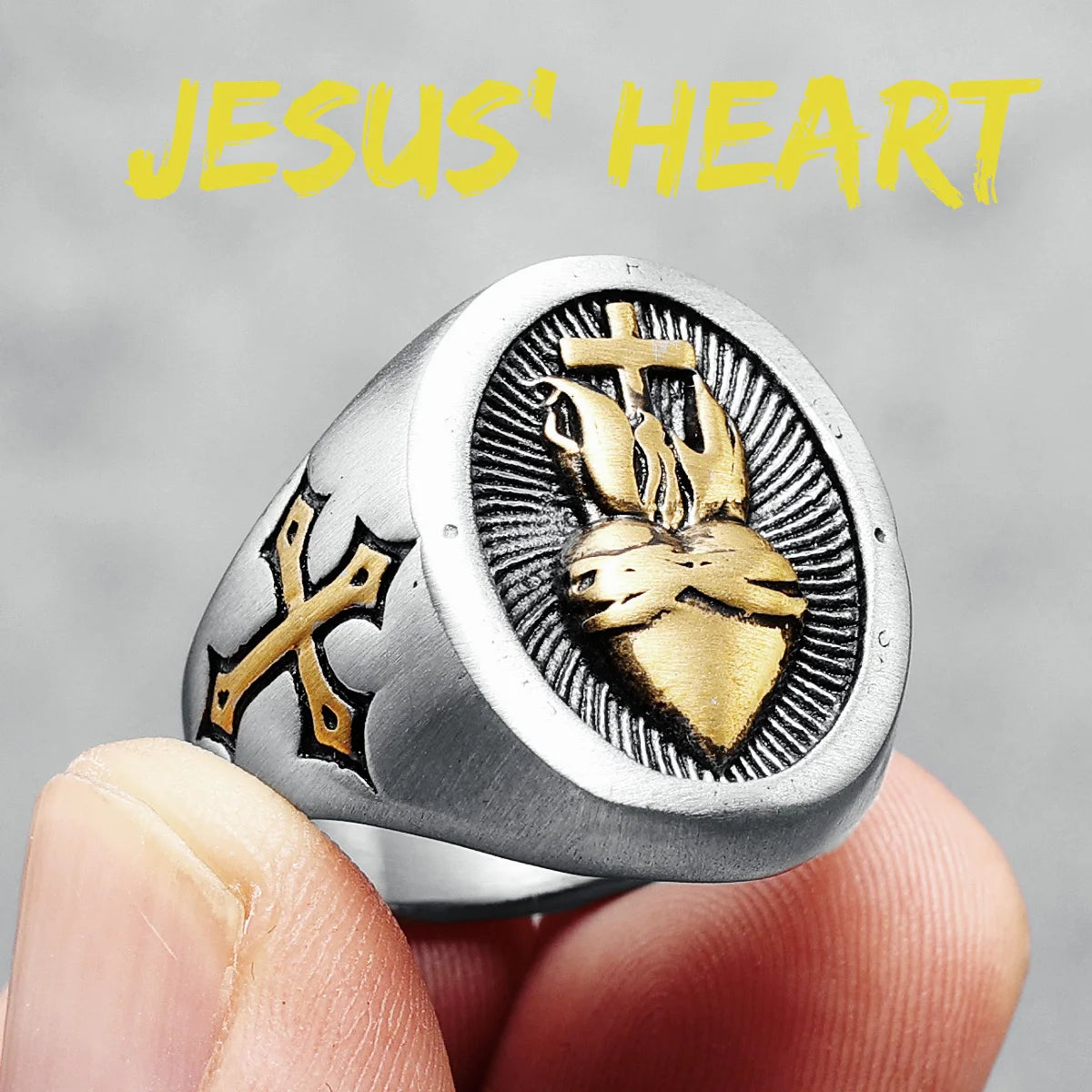 Heart of God Ring Religion Cross 316L Stainless Steel Mens Rings Amulet Rock for Male Boyfriend Biker Jewelry Gift