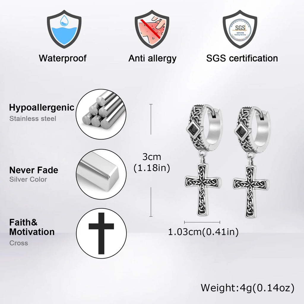 Vintage Celtic Knot Cross Pendant Earrings for Men, Black Zircon Stainless Steel Rhombus Hoop Earrings, Punk Gothic
