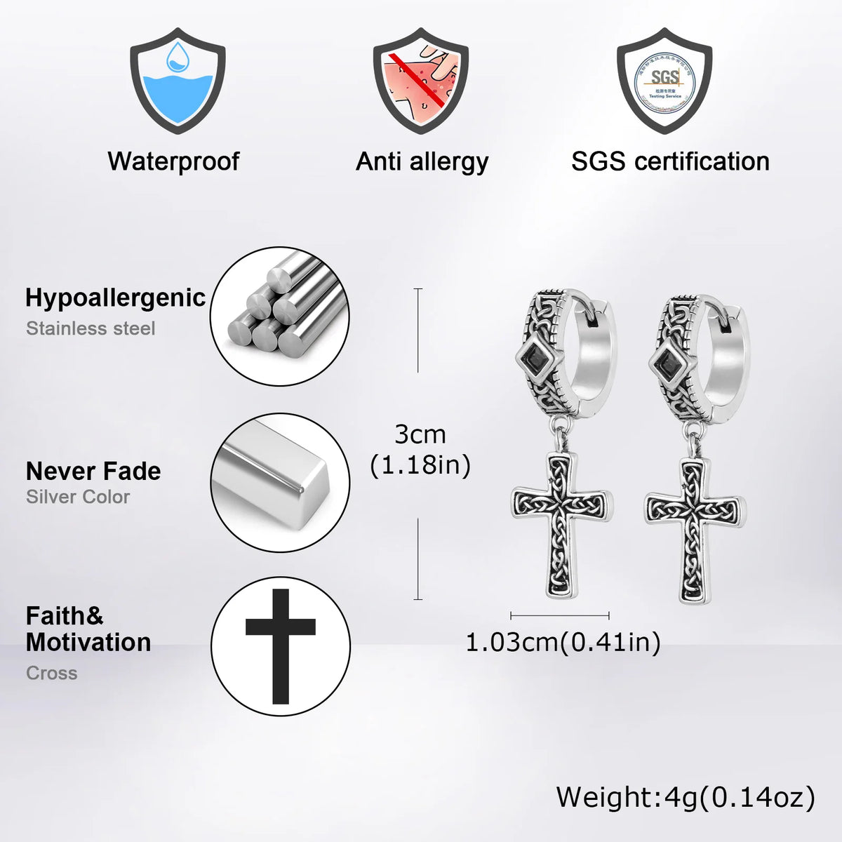 Vintage Celtic Knot Cross Pendant Earrings for Men, Black Zircon Stainless Steel Rhombus Hoop Earrings, Punk Gothic