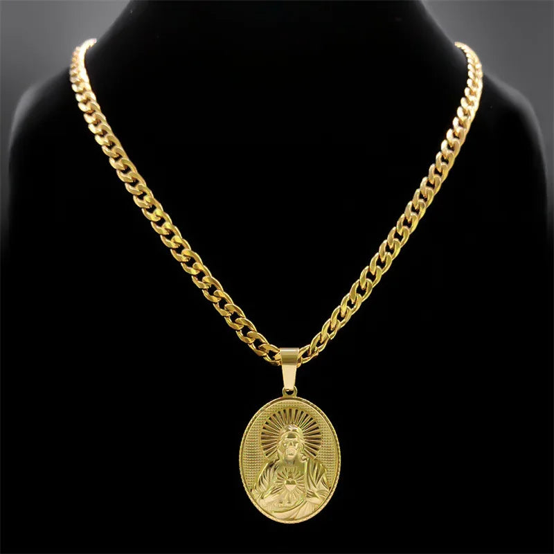 Circular 3D Relief Pendant Necklace — Gold-Tone Stainless Steel